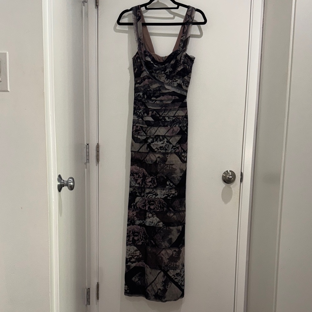 Sleeveless Long Floral Print Dress in Black and Taupe